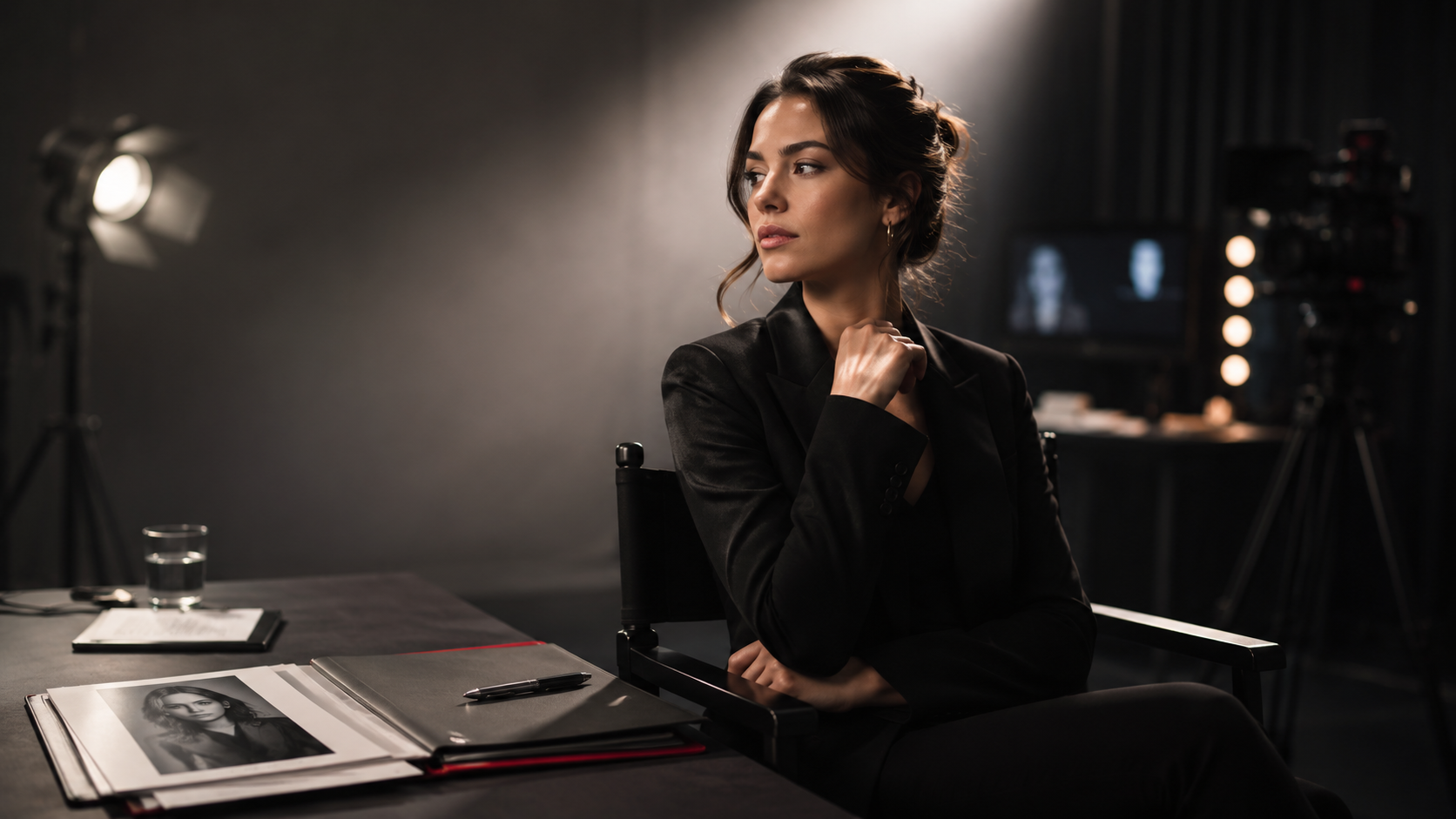 Actor seated in a studio audition setting with talent materials