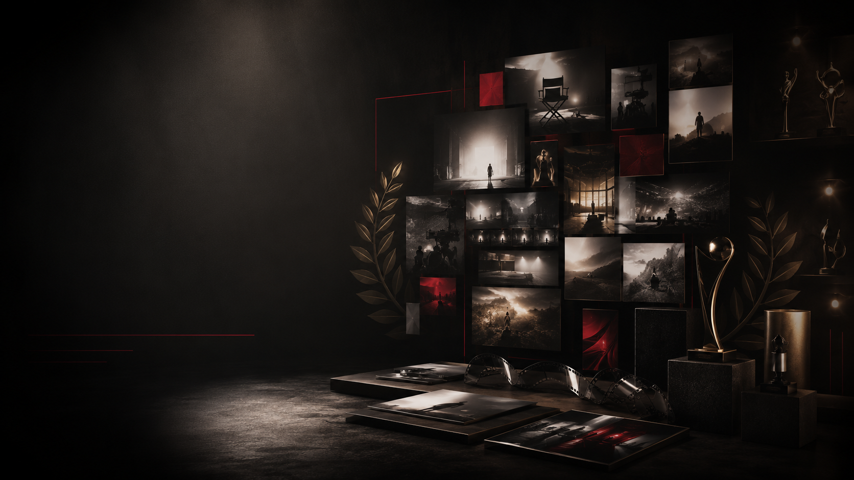 Gallery of film work and award trophies representing client success