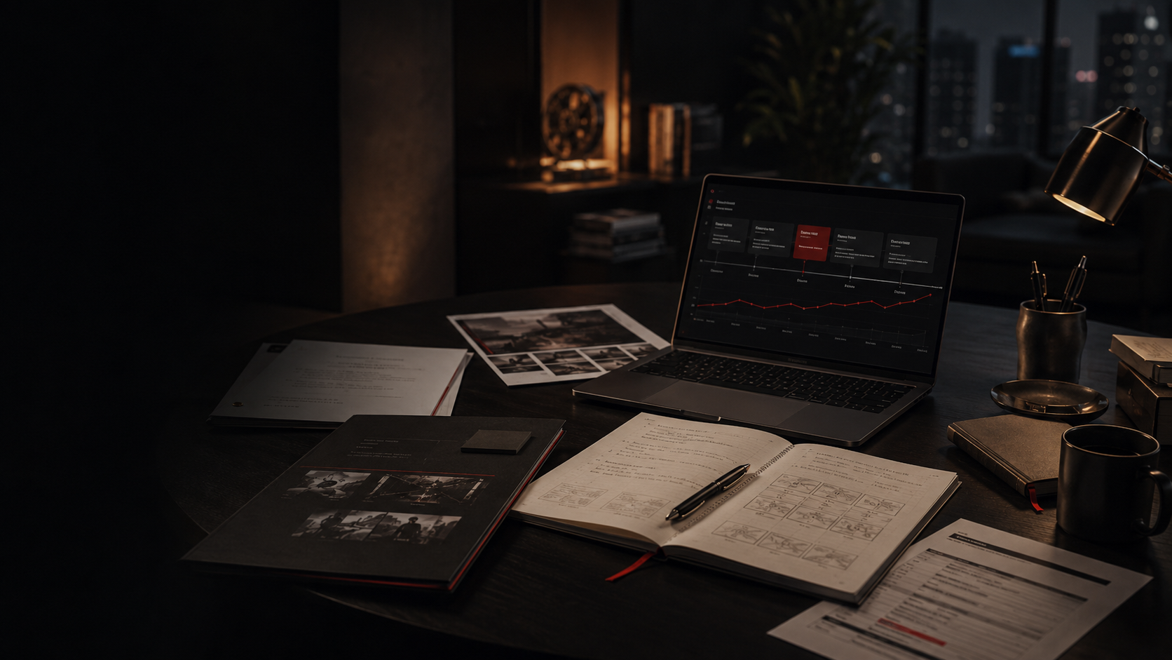 Development and funding planning desk with project materials and analytics