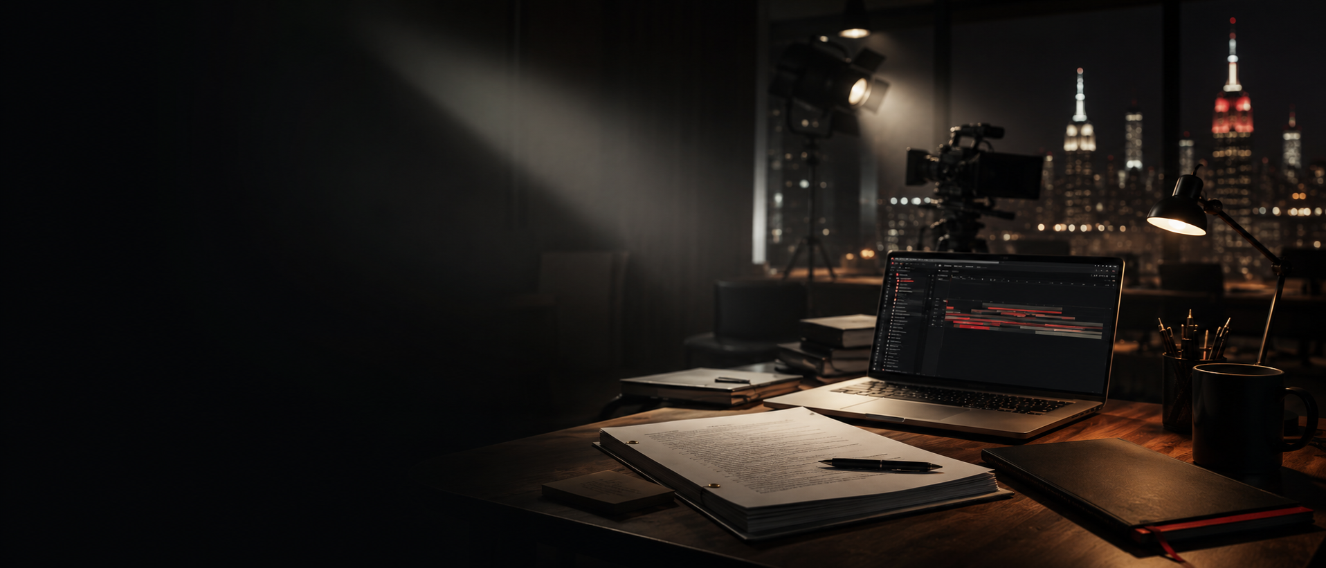 Studio desk with film equipment overlooking New York at night