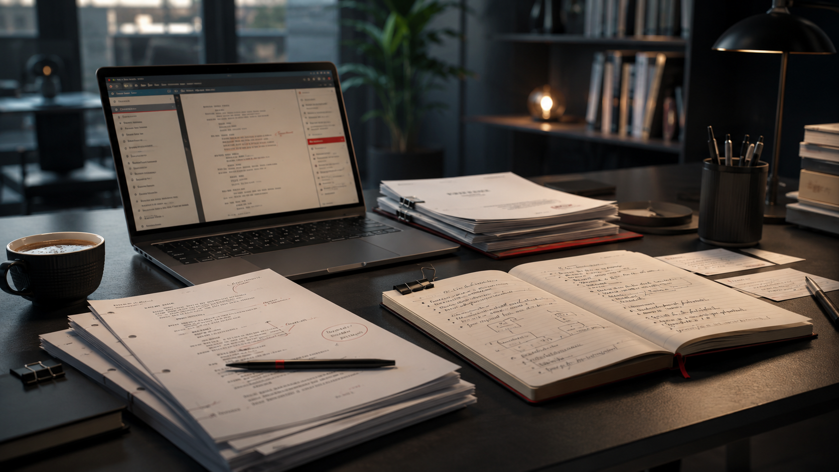 Screenplay desk with scripts, notes, and story development materials